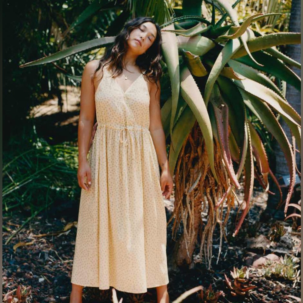 Christy Dawn Yellow Floral Midi Dress, very generous small, adjustable waist